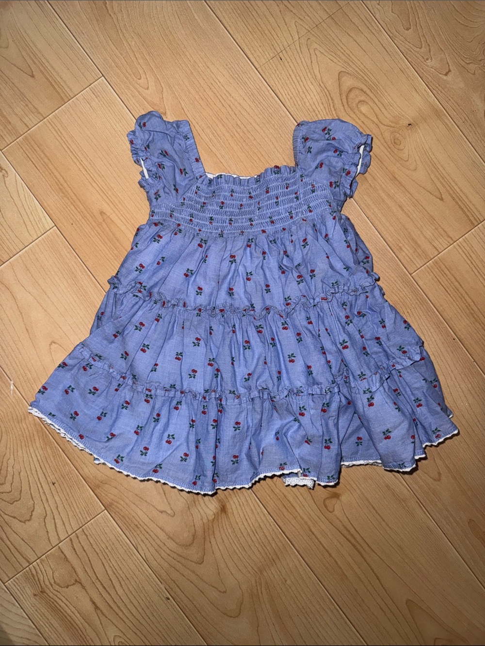 Janie and Jack Blue Ruffle Dress with Cherry Print Size 6-12 months